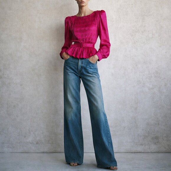 Vintage Argenti 100% Silk Satin Pleated Peplum Blouse Puff Sleeve Pink 12 - Picture 10 of 10